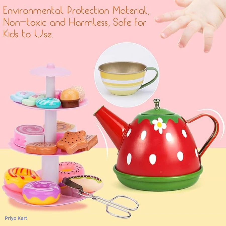 41 PCS Tea Set for Little Girls Pretend Tin Teapot Set for Tea Party with Dessert Set Cookies Doughnut Cake Kids Kitchen Pretend Play Games Toy Gifts for Little Princess